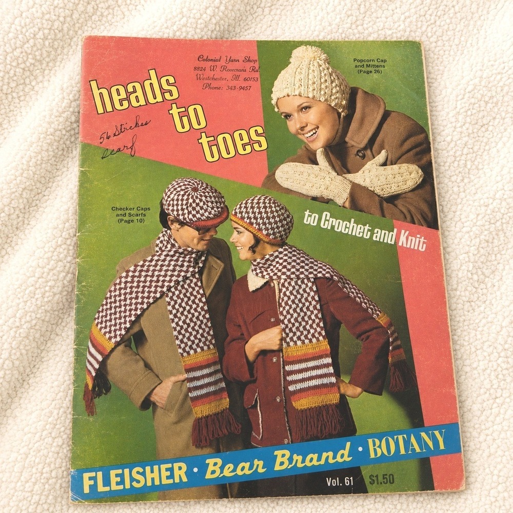 VTG 1970s Fleisher Knit Crochet Pattern Book Beret Hat Scarf Mittens Boots